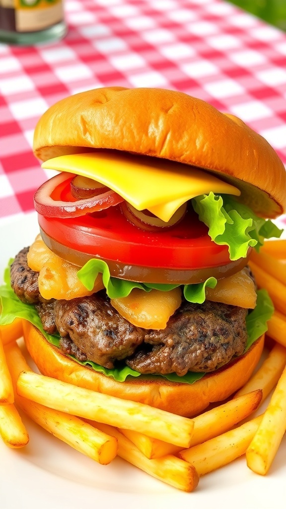 A juicy beef hamburger with lettuce, tomato, onion, and cheese on a toasted bun, served with fries.